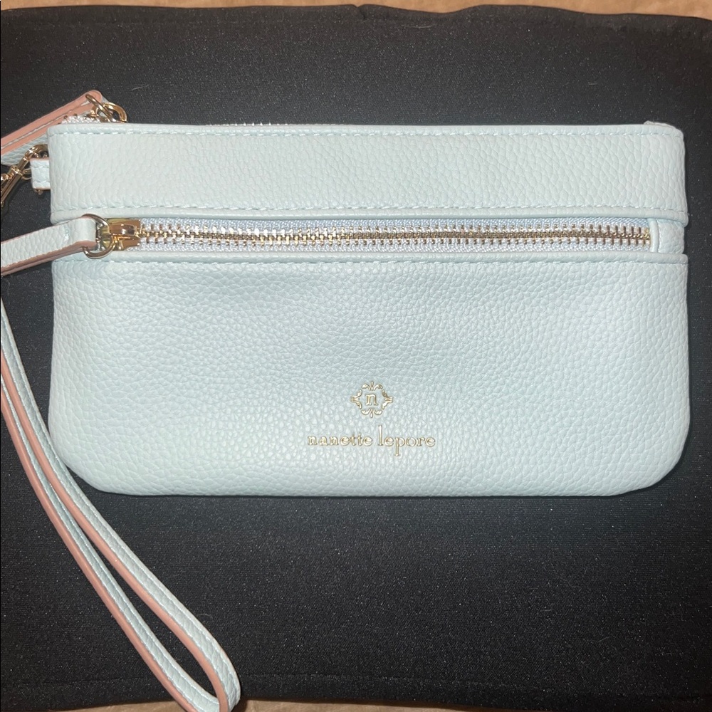 Nanette Lepore Pebbled Blue Zip Wristlet Clutch with Gold Hardware